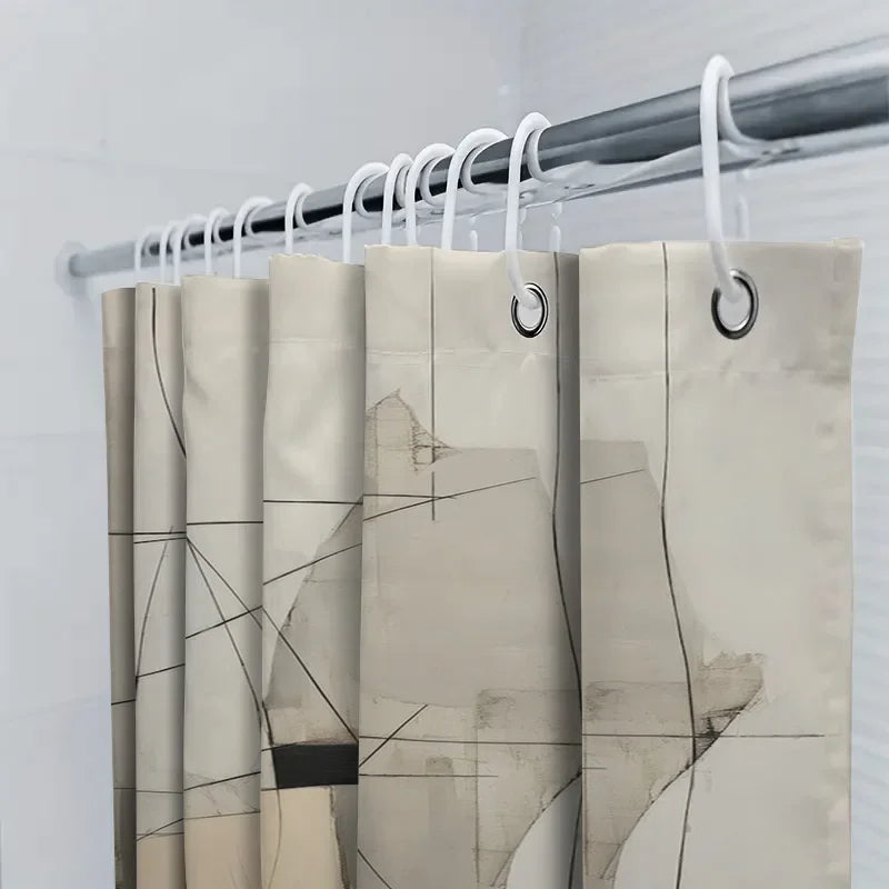 Textured view of a MonoSpace abstract shower curtain, emphasizing its water-repellent quality and artful geometric pattern.