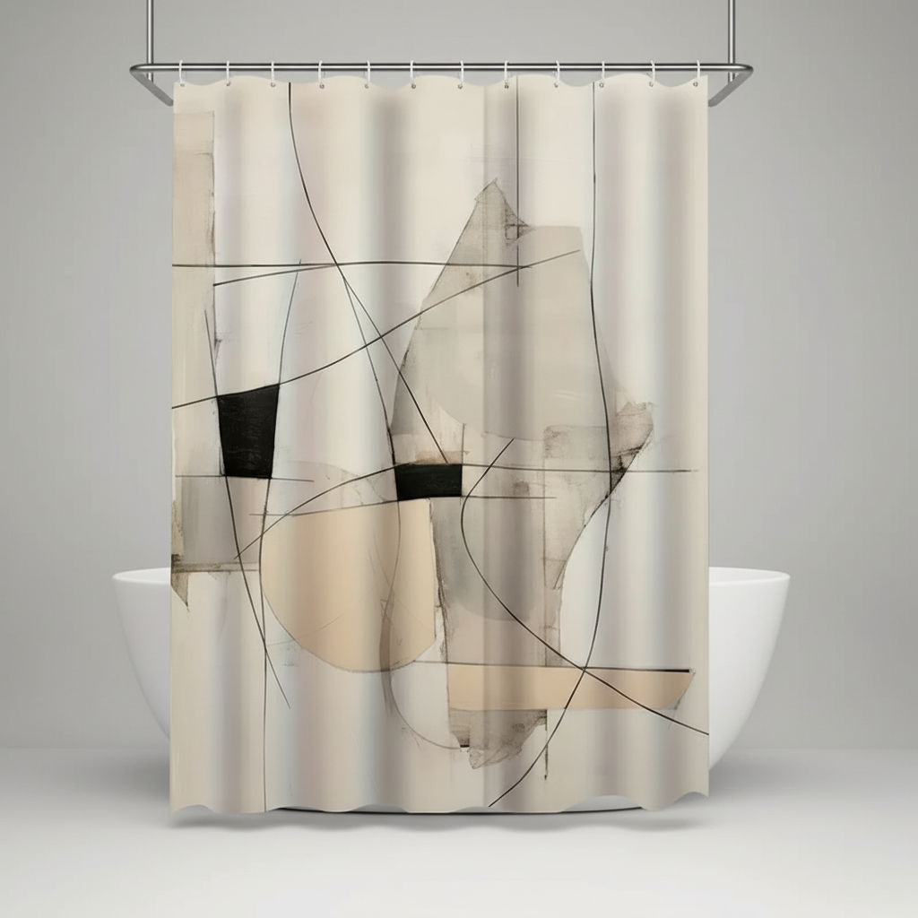 Full view of a MonoSpace abstract water-repellent shower curtain, a stylish and practical choice for any bathroom.