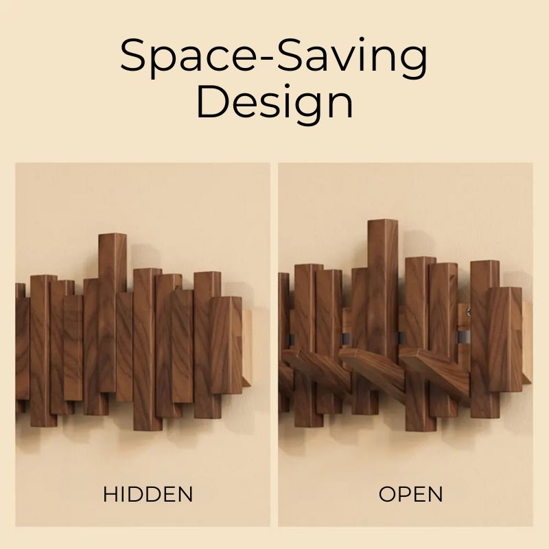Compact natural wood wall-mounted hanger with innovative foldable hooks. Maximizes space for coats & bags in small entryways.