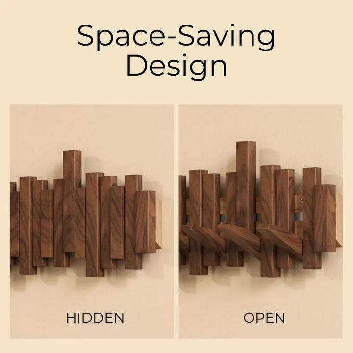 Compact natural wood wall-mounted hanger with innovative foldable hooks. Maximizes space for coats & bags in small entryways.