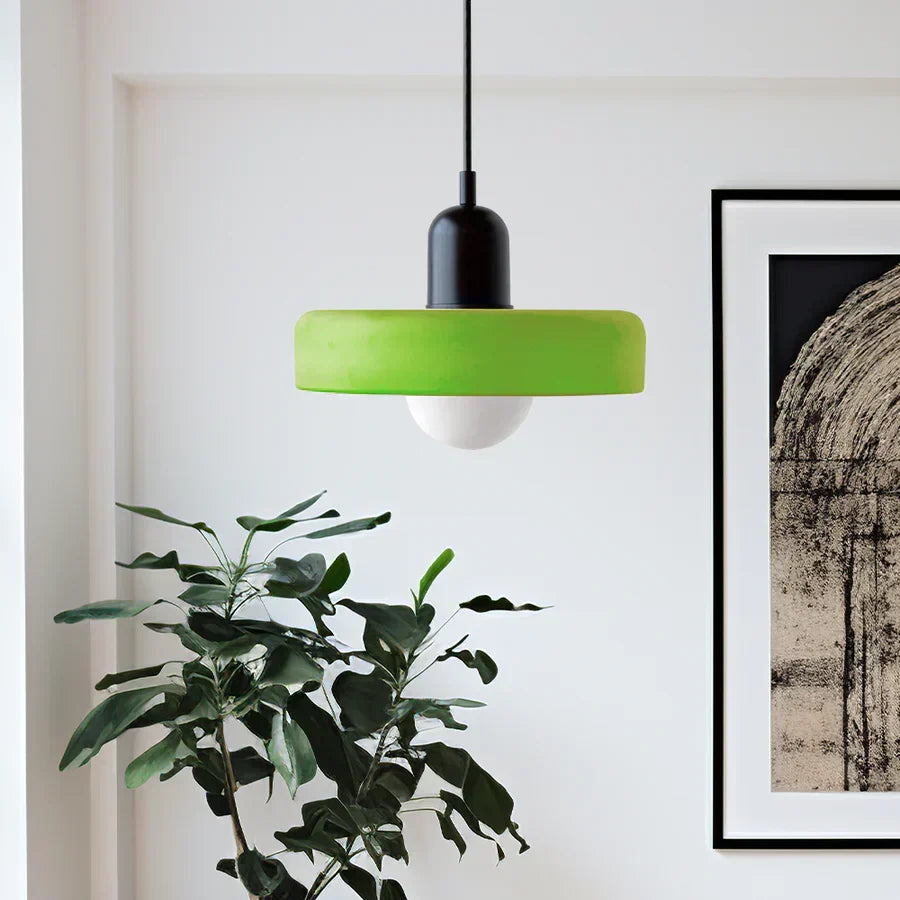 Minimalist glass ceiling lamp, black metal, perfect for a modern bedroom.