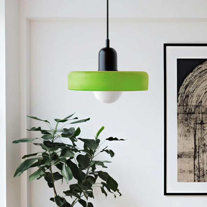 Minimalist glass ceiling lamp, black metal, perfect for a modern bedroom.