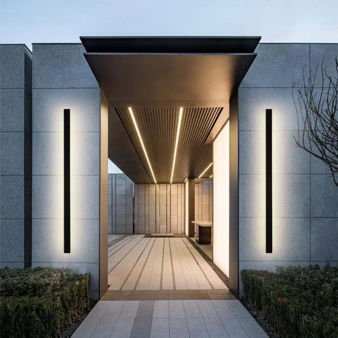 Smart motion sensor LED outdoor wall lamp, modern design for automated garden lighting.