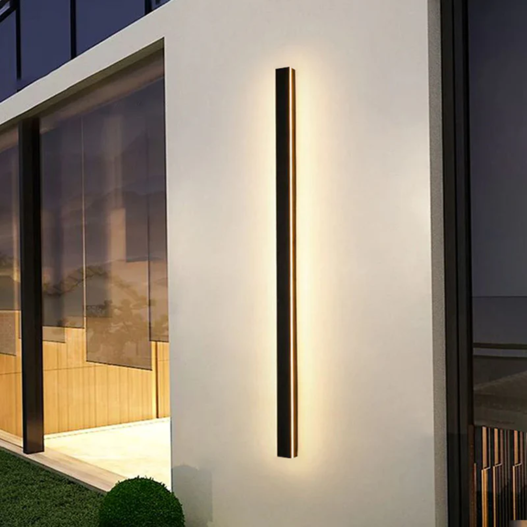 Dimmable LED outdoor wall light, modern linear design for patio, facade, and garden ambiance.