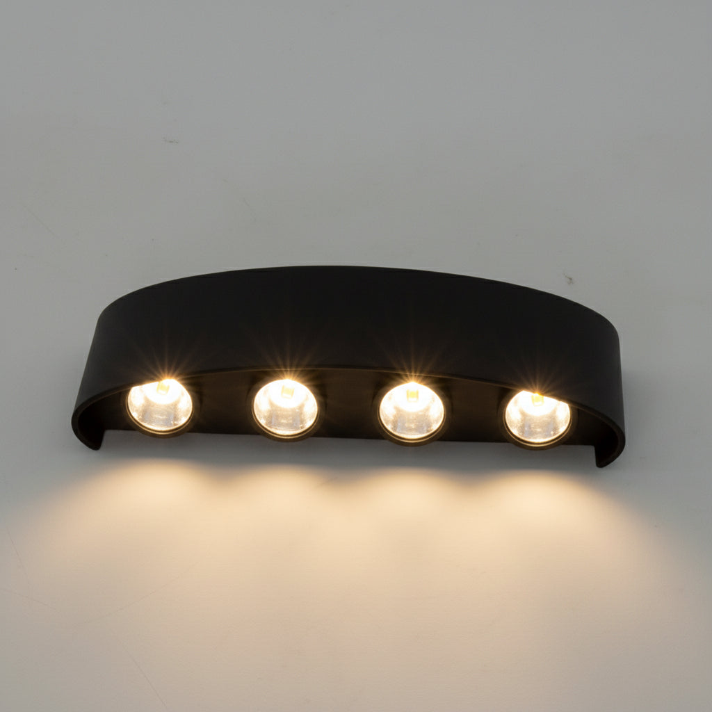 Contemporary exterior LED wall light, energy-efficient for bright outdoor illumination.