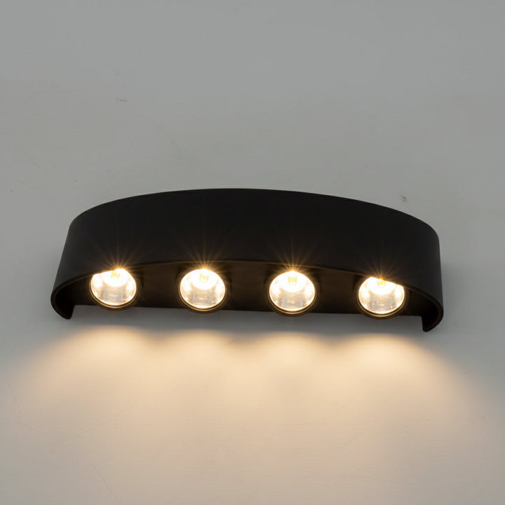 Contemporary exterior LED wall light, energy-efficient for bright outdoor illumination.