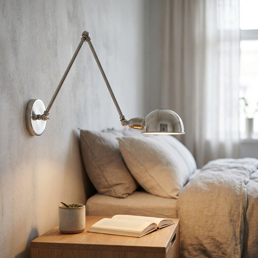 Modern polished silver swing arm wall lamp, adjustable for bedroom task lighting