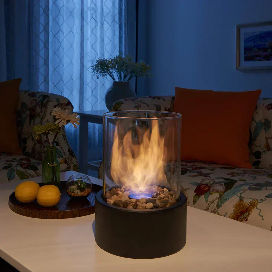Sleek tabletop fire pit, perfect home decor for both indoor warmth and outdoor patio lighting.