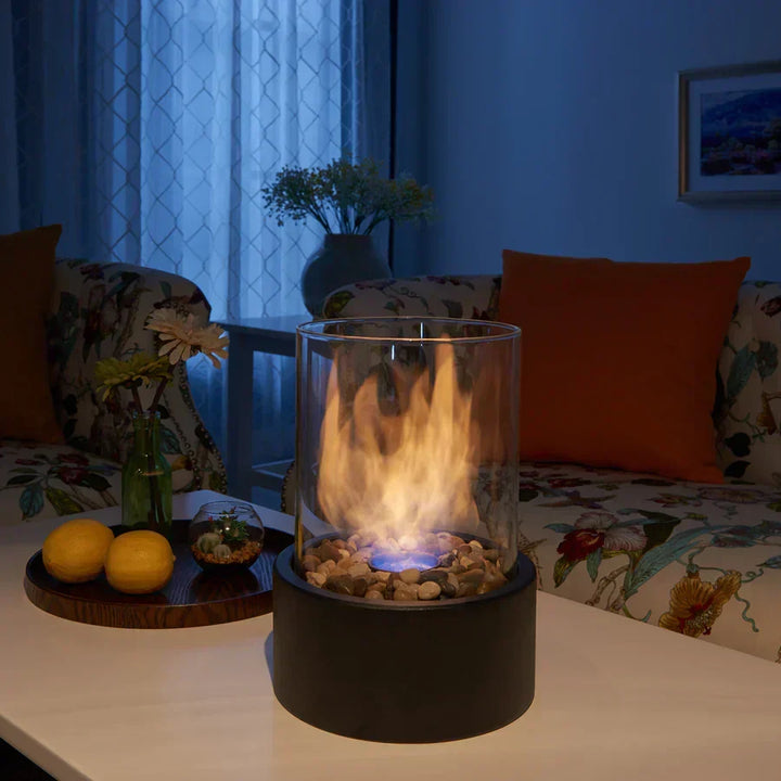 Sleek tabletop fire pit, perfect home decor for both indoor warmth and outdoor patio lighting.