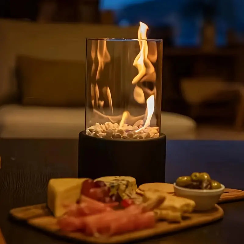 Eco-friendly modern tabletop fire pit, a contemporary accent for indoor warmth or outdoor glow.