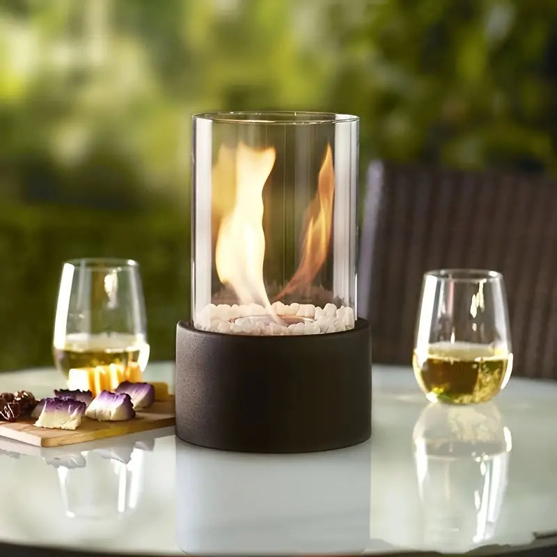 Compact portable tabletop fire pit, bringing a touch of warmth and modern design to any space.