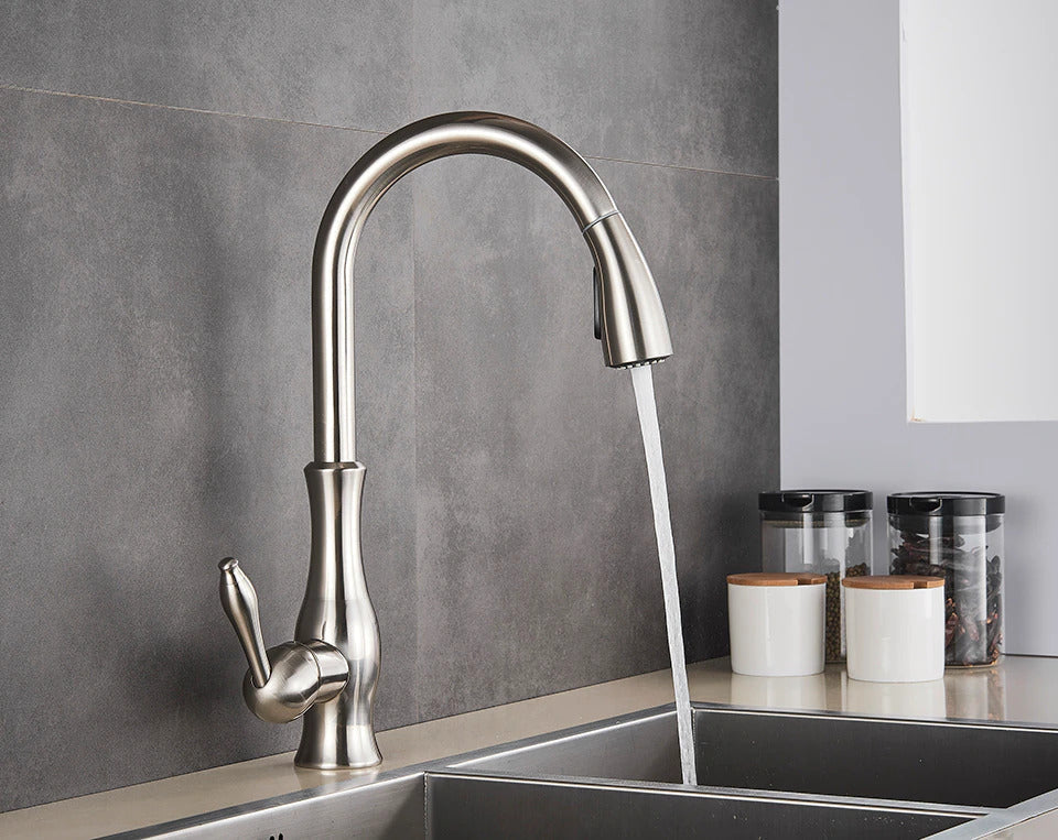 Modern pull-out kitchen faucet with dual spray, ideal for effortless kitchen cleaning and renovation.