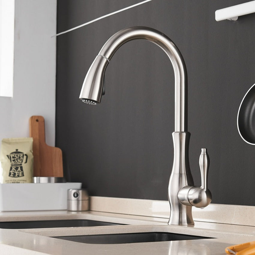 Sleek stainless steel retractable kitchen faucet, a modern upgrade for any home improvement project.