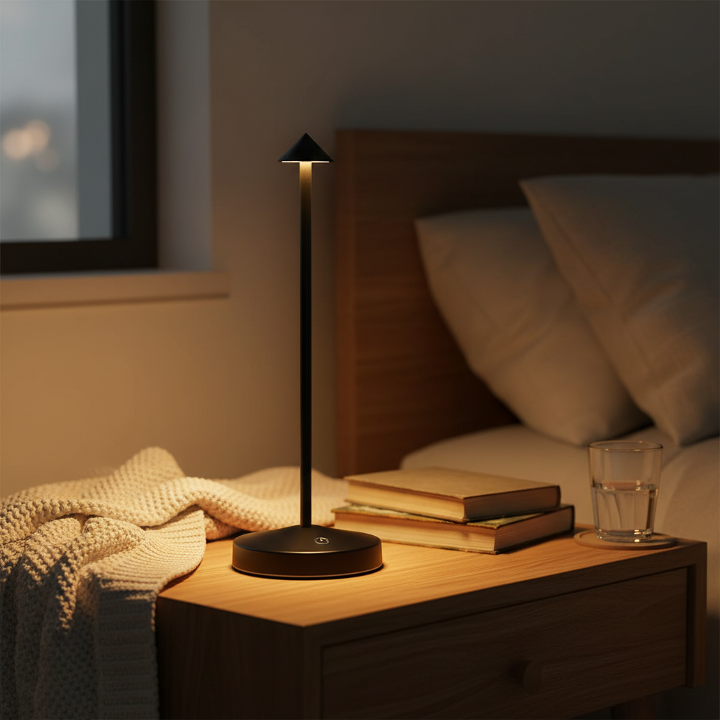 Modern rechargeable LED table lamp in sleek aluminum. Cordless design for portable ambient lighting.