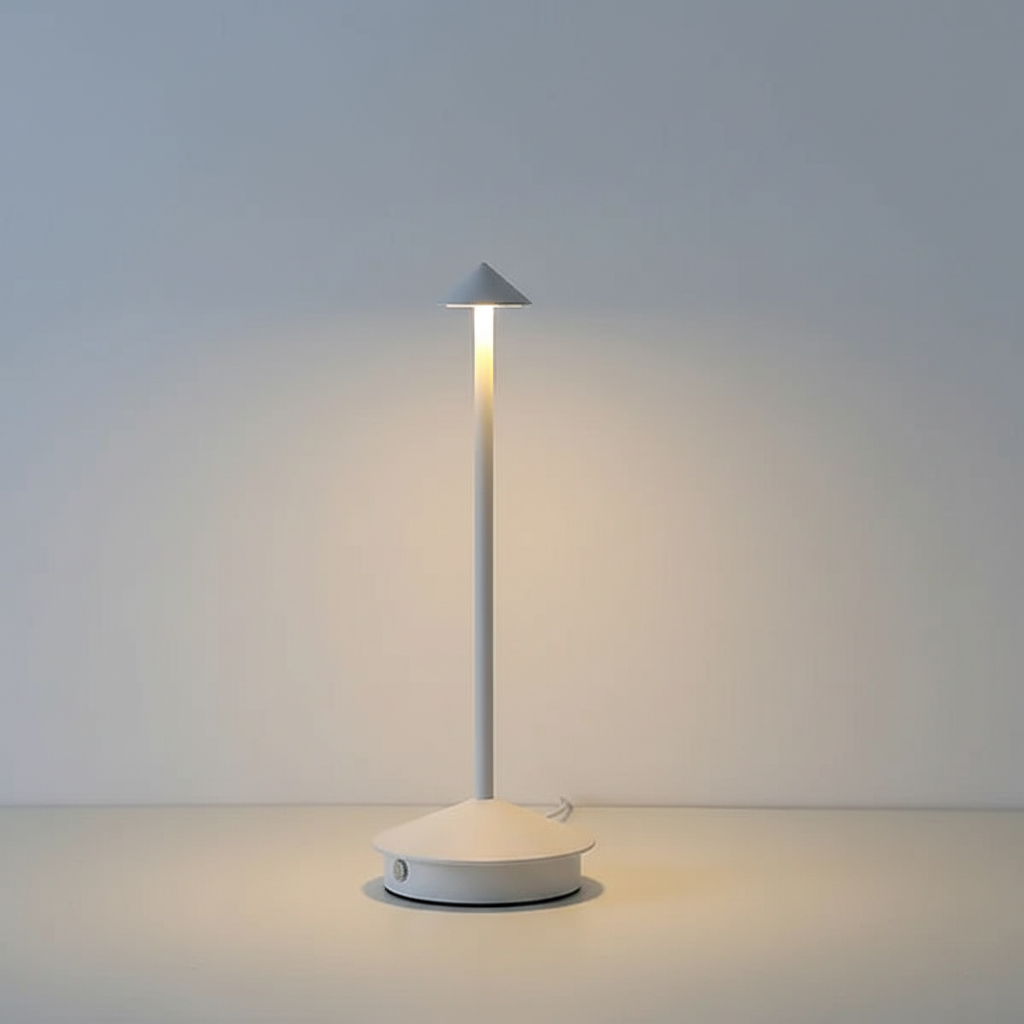 Contemporary LED table lamp, rechargeable and portable. Provides warm ambient light for any modern space.