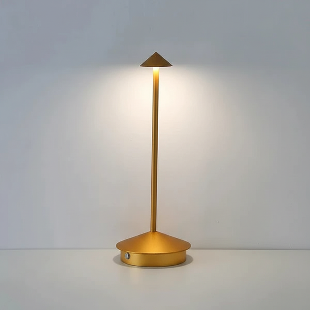 Cordless rechargeable LED desk lamp. Modern aluminum design, perfect for portable mood or task lighting.