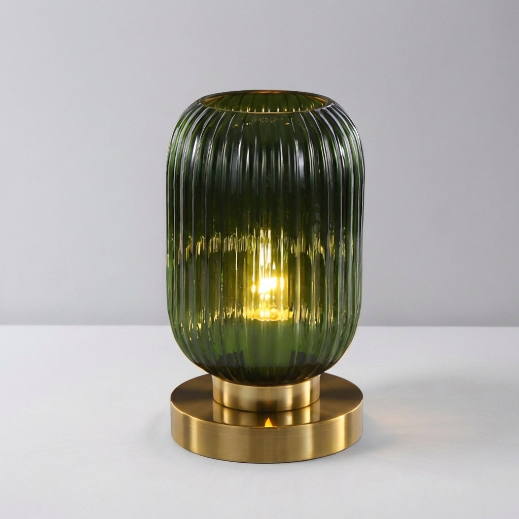 Decorative ribbed glass table lamp, Glintora, a contemporary lighting solution with a timeless design.