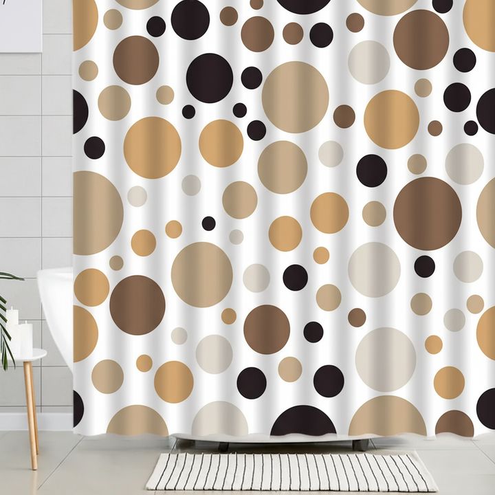 Modern RippleDot geometric shower curtain with textured circle pattern, waterproof polyester, includes rings.