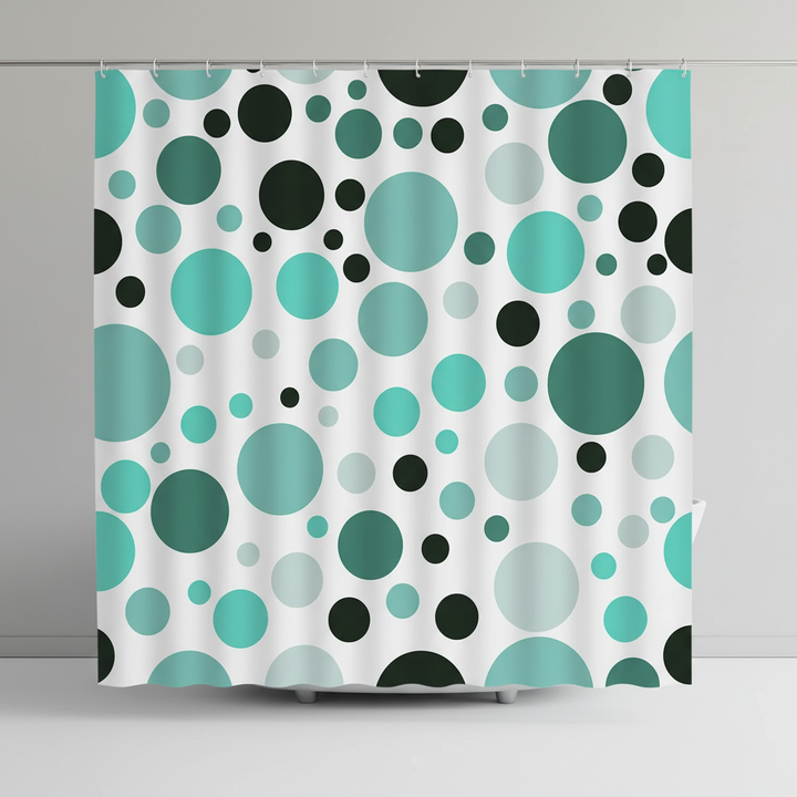 RippleDot geometric shower curtain, durable polyester, easy to clean, enhances modern bathroom aesthetics.