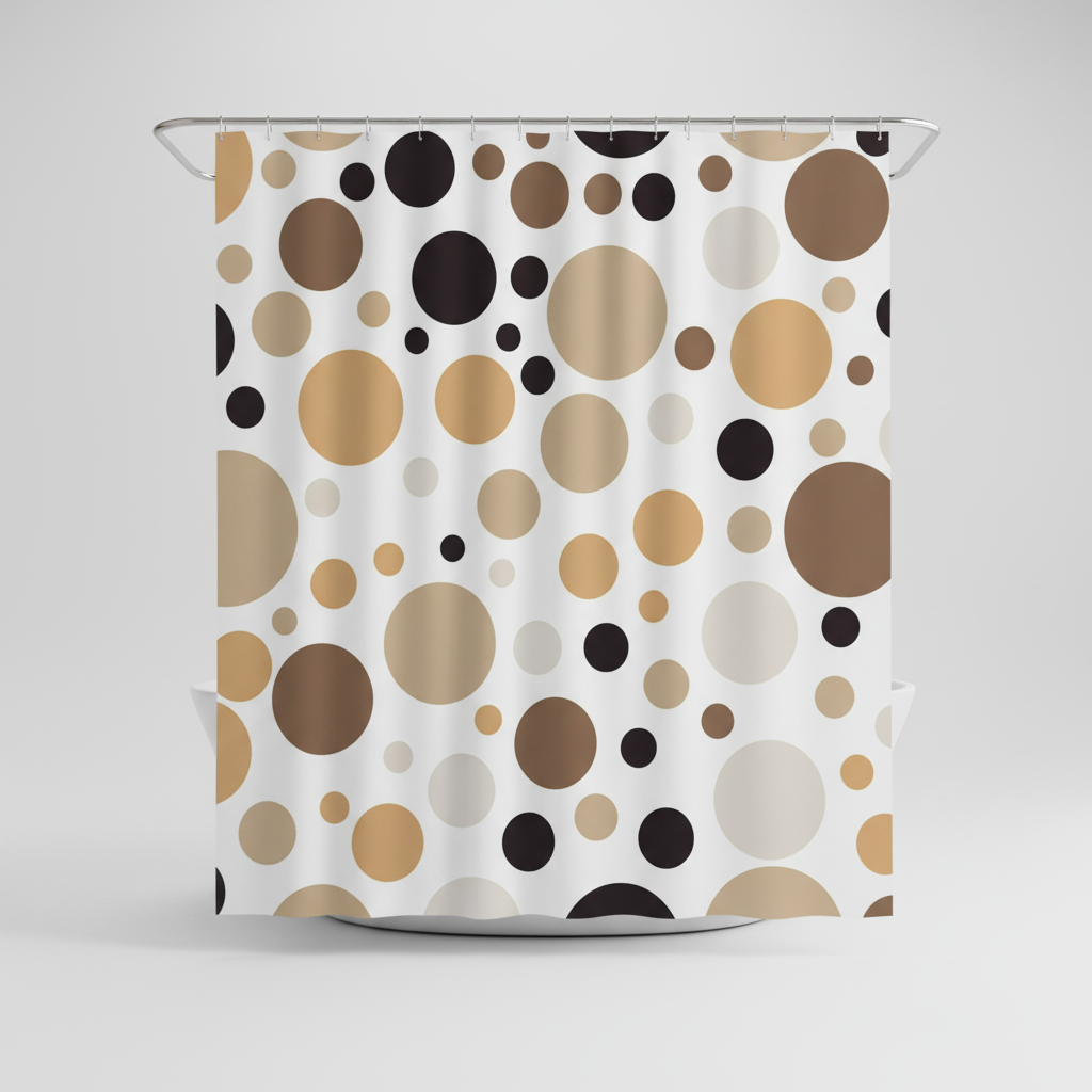 Geometric RippleDot shower curtain, contemporary bathroom decor, easy-care polyester with hook rings.