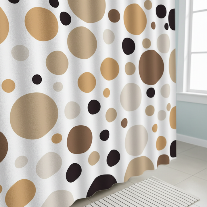 RippleDot modern shower curtain with unique circular geometric design, privacy for bathroom, includes rings.
