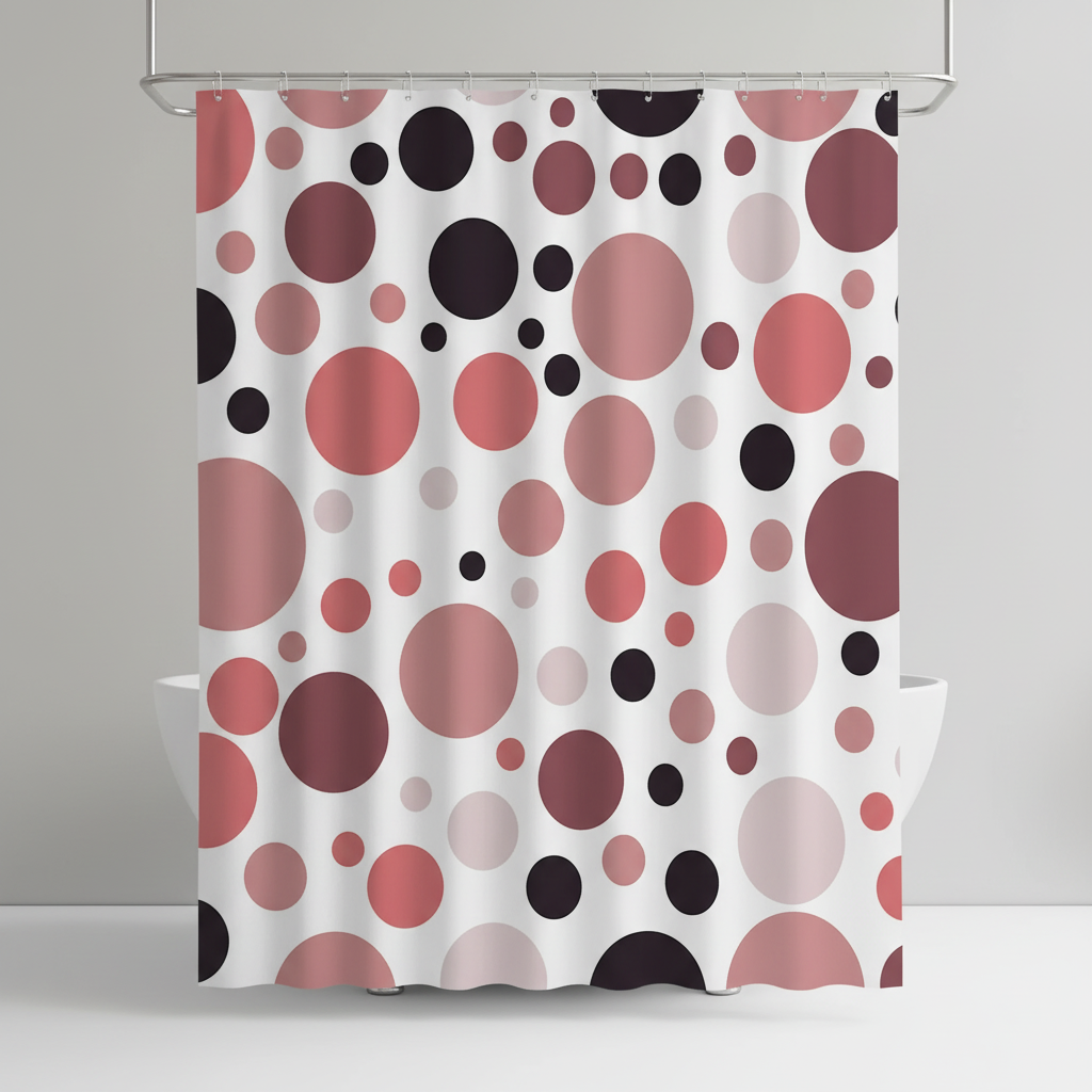 Easy-care RippleDot geometric shower curtain set, waterproof polyester with included curtain rings.