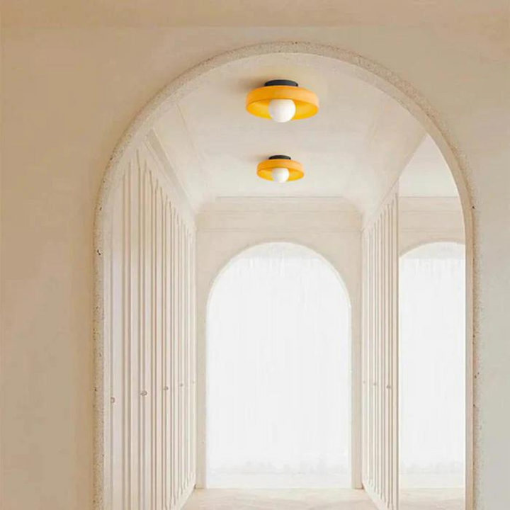 Contemporary round ceiling lamp, decorative flush mount brightens hallways.