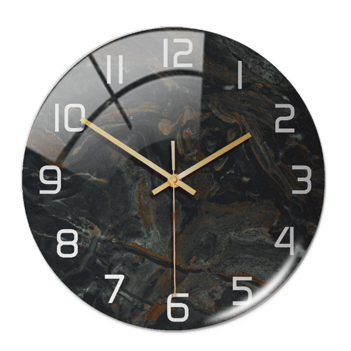 Elegant modern round clock, faux marble design, adds sophistication to any room.