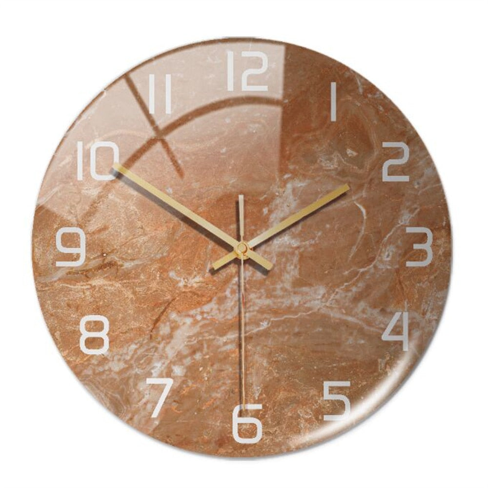 Silent round wall clock, faux marble texture, perfect for serene bedroom environments.