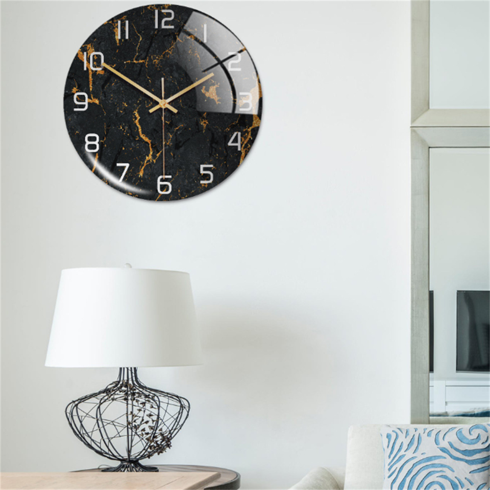 Silent round wall clock, faux marble design, a sophisticated addition to any bedroom.