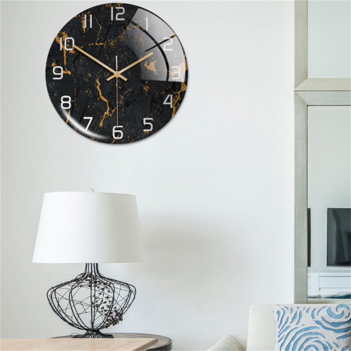 Silent round wall clock, faux marble design, a sophisticated addition to any bedroom.