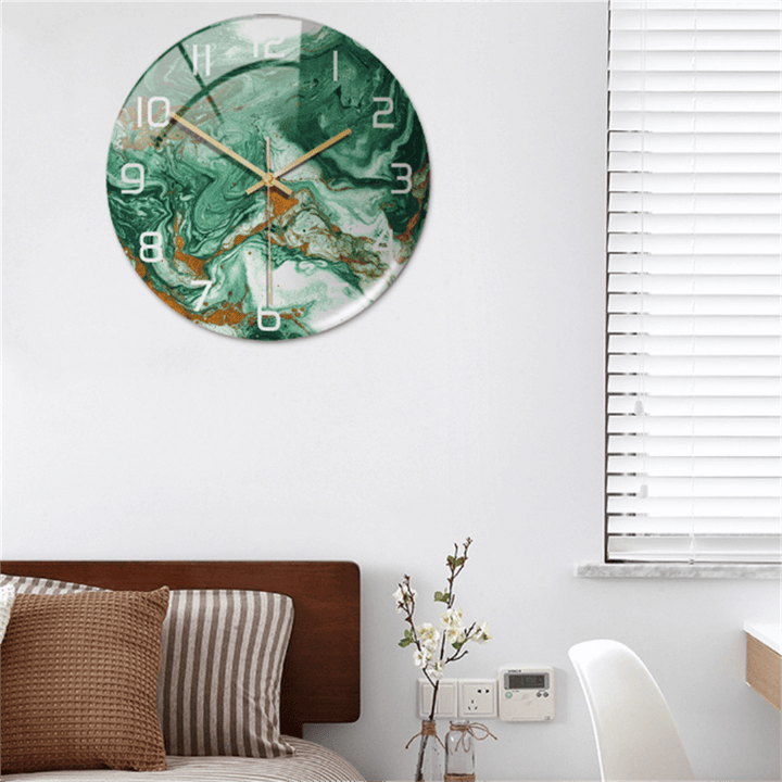 Round faux marble wall clock, decorative and quiet, perfect for modern home styling.