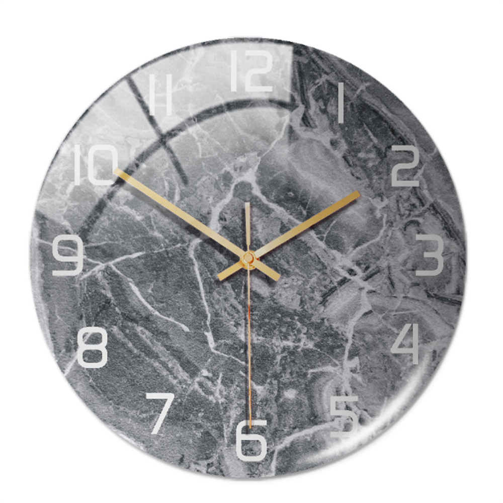Decorative acrylic round clock with faux marble pattern, features quiet sweep movement.