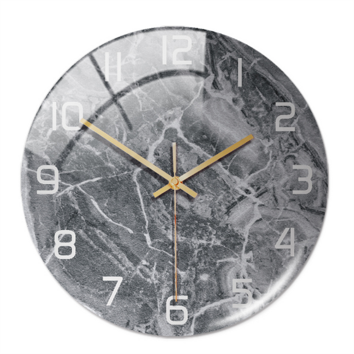Decorative acrylic round clock with faux marble pattern, features quiet sweep movement.