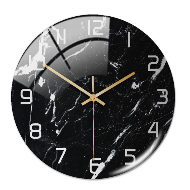 Modern round wall clock with beautiful faux marble design, perfect for bedroom decor.