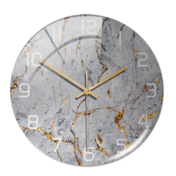 Quiet sweep round wall clock with elegant faux marble pattern, a modern home accessory.