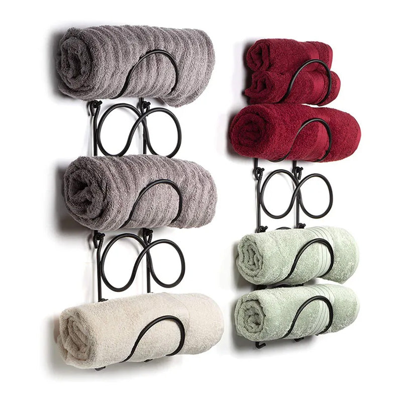 Modern rustproof wrought iron wall mount towel rack for bathroom organization.