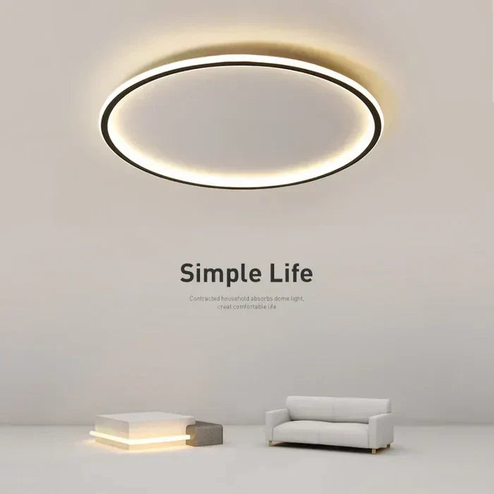 Round LED ceiling fixture, minimalist and energy-saving for interior design.