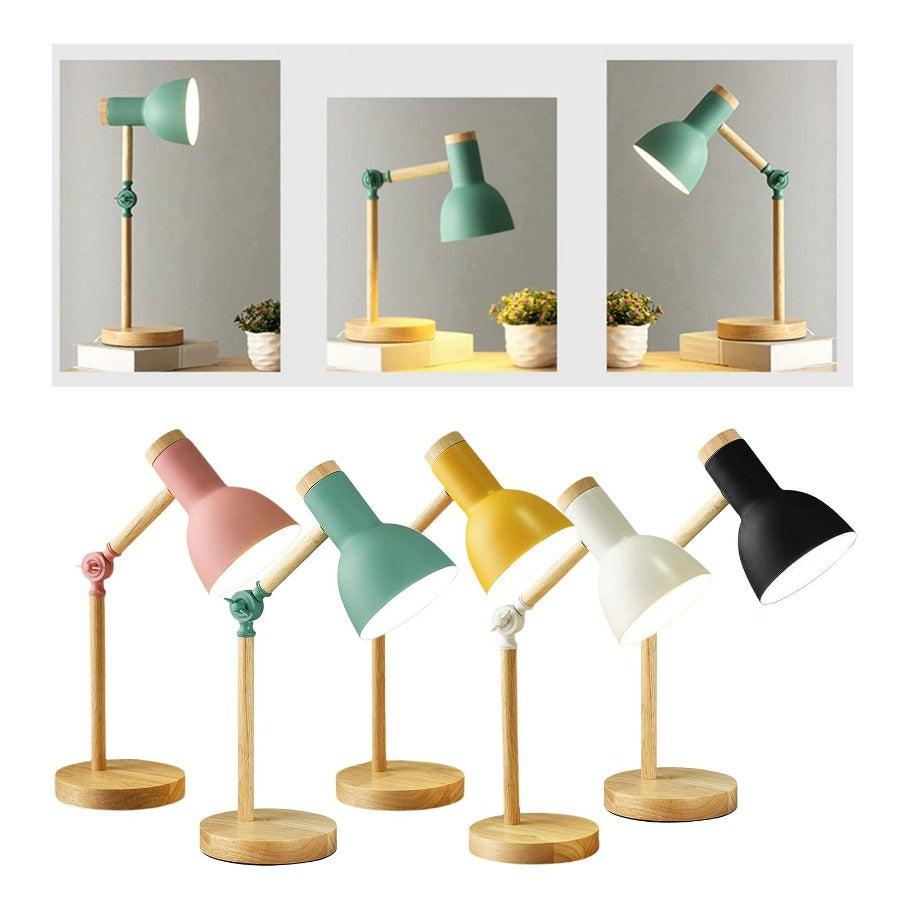 Minimalist Scandinavian wood table lamp. Natural wood base, modern design for living room or office.