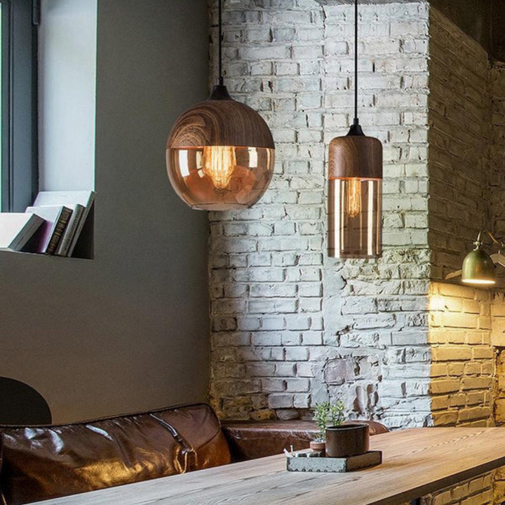 Stylish wooden hanging lamp, creating a warm ambiance in modern settings.