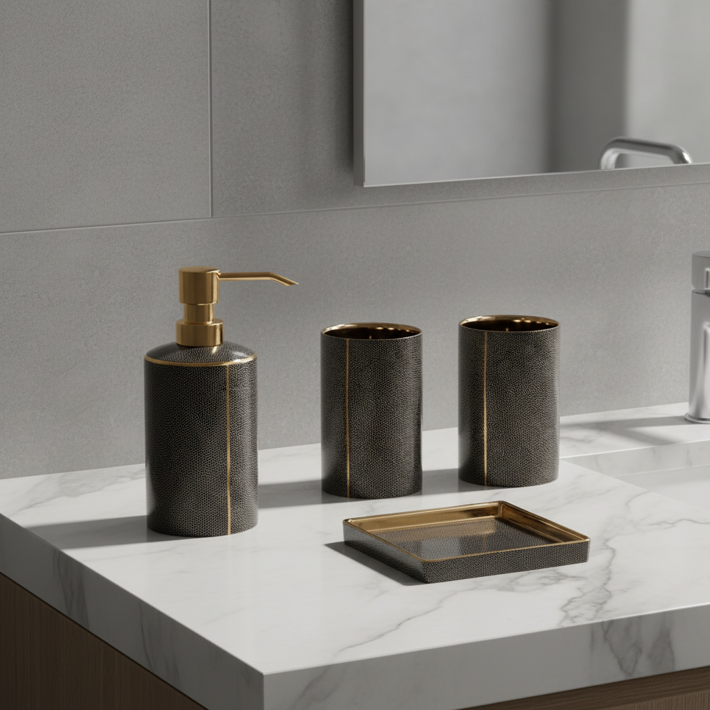 Modern Schlankes SereniBath 4-piece ceramic bathroom accessory set with soap dispenser, toothbrush holder, and soap dish for home decor.