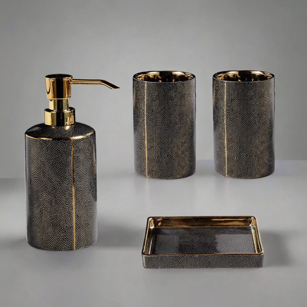 White minimalist ceramic bathroom accessory set with pump soap dispenser, tumblers, and soap dish, perfect for modern organization.