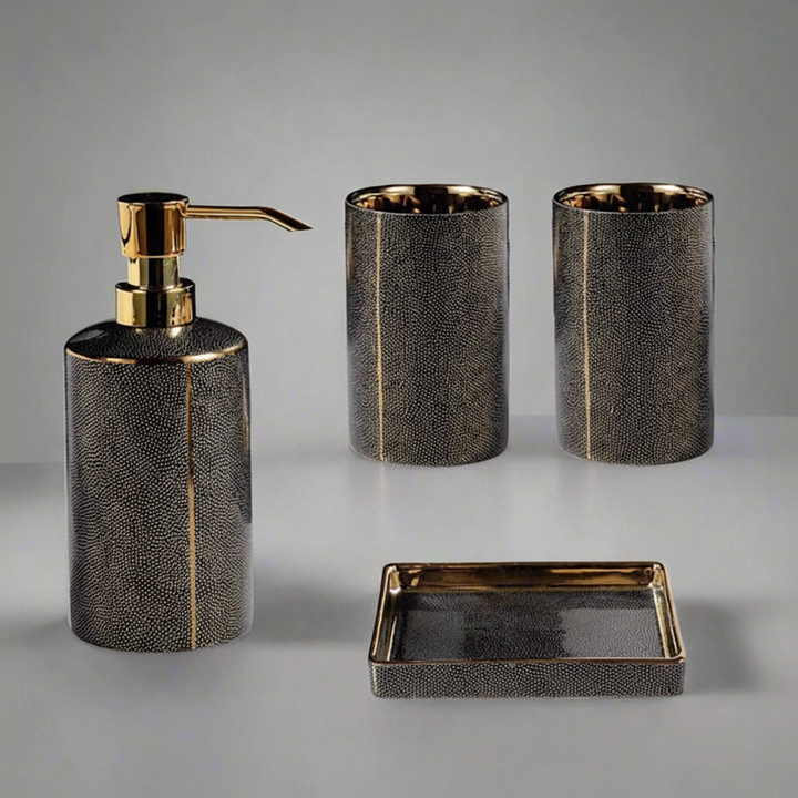 White minimalist ceramic bathroom accessory set with pump soap dispenser, tumblers, and soap dish, perfect for modern organization.