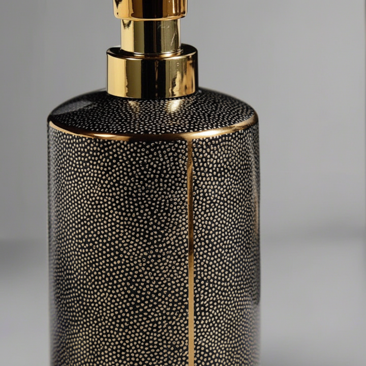 Close-up of SereniBath ceramic soap dispenser from a bathroom accessory set, ideal for modern home decor.