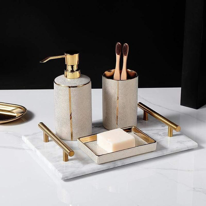 Elegant ceramic toothbrush holder and tumblers from the SereniBath bathroom accessory set, adding minimalist style.
