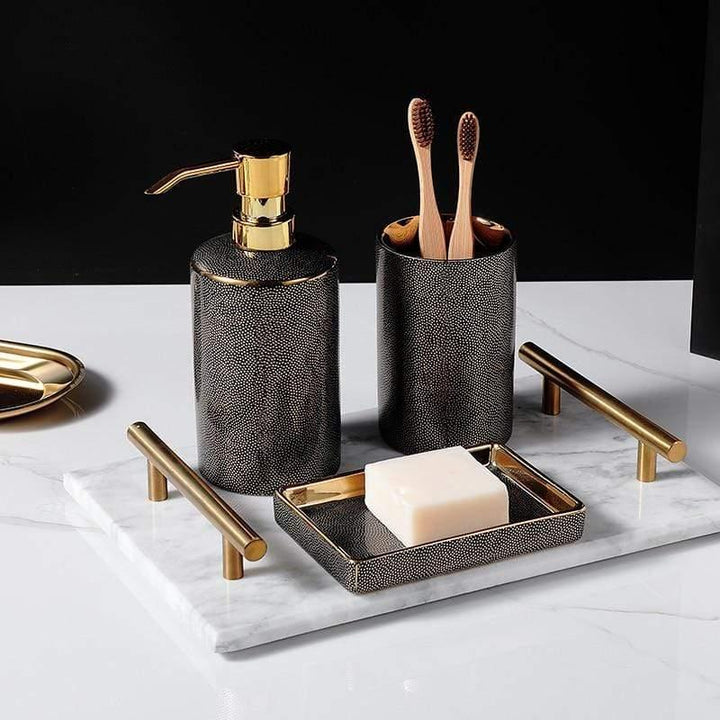 Stylish ceramic soap dish from a SereniBath bathroom set, perfect for organizing your counter and modern decor.