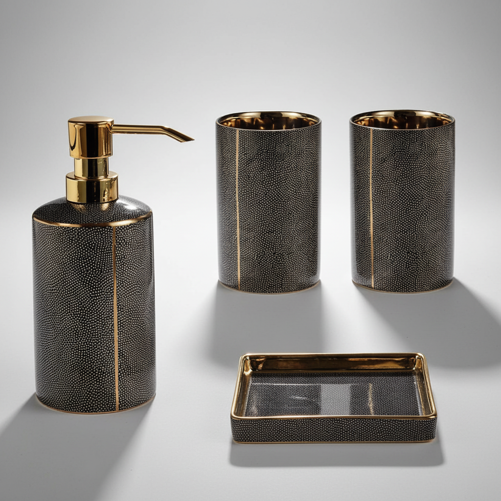 Full view of the SereniBath 4-piece ceramic bathroom set showing its sleek design, great for modern home organization.