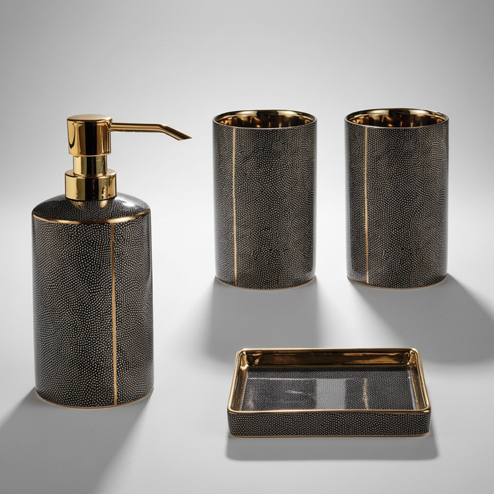 Full view of the SereniBath 4-piece ceramic bathroom set showing its sleek design, great for modern home organization.