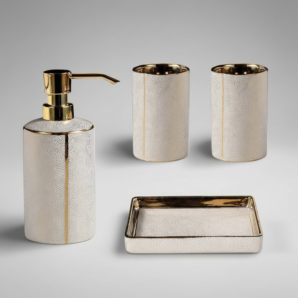 Bathroom counter featuring a complete Schlankes SereniBath ceramic accessory set, enhancing modern home decor with minimalist style.