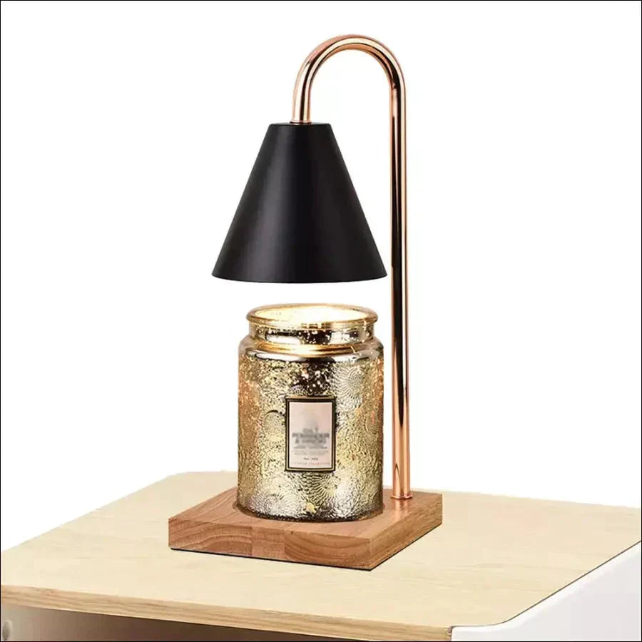 Modern Sophia electric candle warmer lamp with steel base & wood accent for flameless home fragrance.